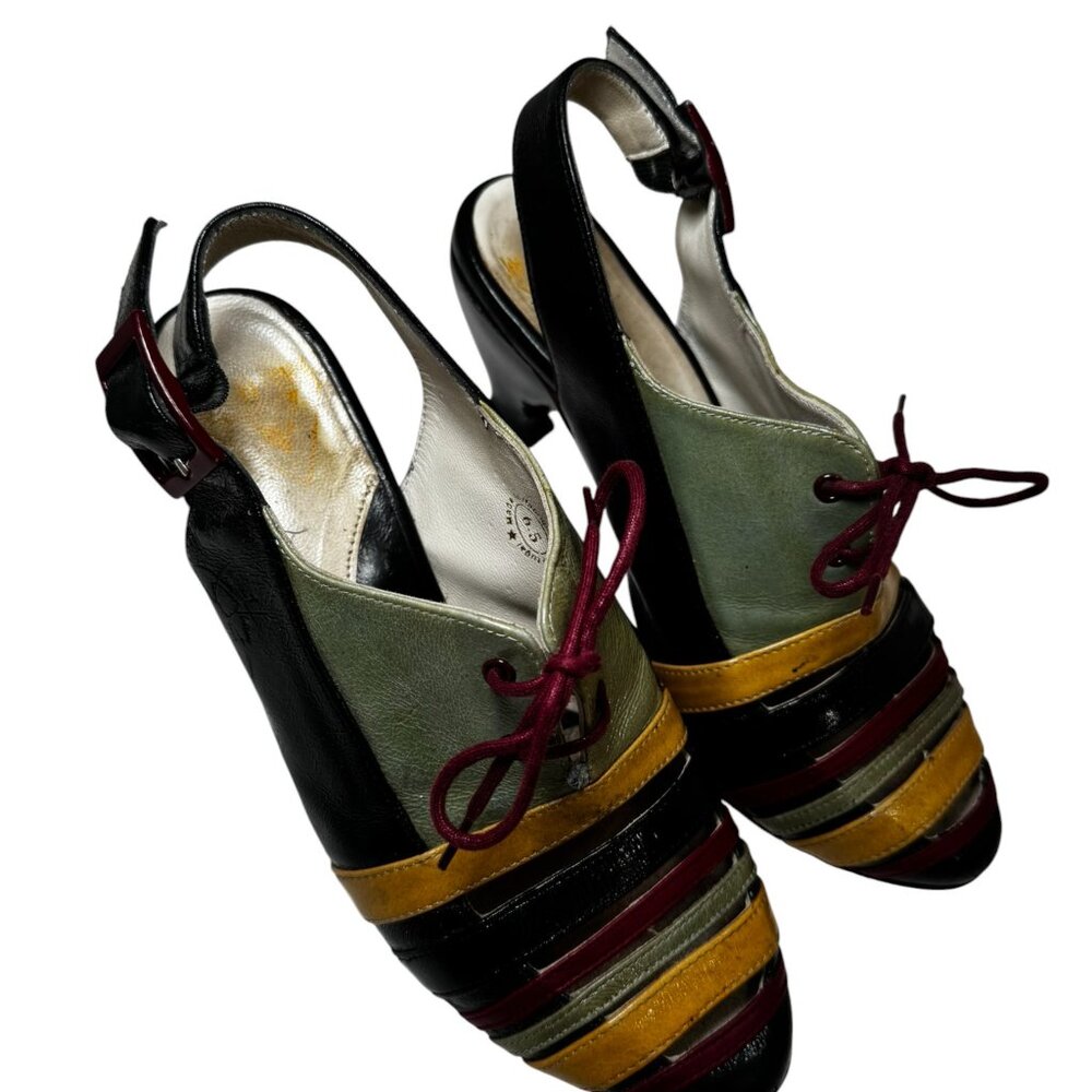 John Fluevog Brooke 6.5 Multicolor Cutout Slingback Heels Retro Mod Art Deco - Picture 5 of 14